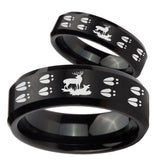 His Hers Deer Hunting Tracks Beveled Brush Black Tungsten Wedding Bands Ring Set