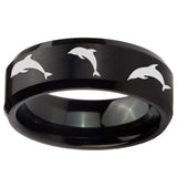 8mm Dolphins Beveled Edges Brush Black Tungsten Carbide Mens Ring