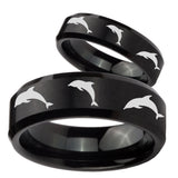 His Hers Dolphins Beveled Edges Brush Black Tungsten Wedding Engagement Ring Set