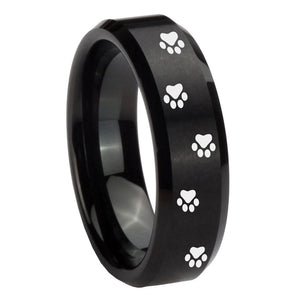 8mm Paw Print Beveled Edges Brush Black Tungsten Carbide Men's Ring