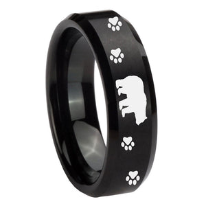 8mm Bear and Paw Beveled Edges Brush Black Tungsten Carbide Mens Ring Engraved