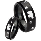 His Hers Bear and Paw Beveled Edges Brush Black Tungsten Anniversary Ring Set