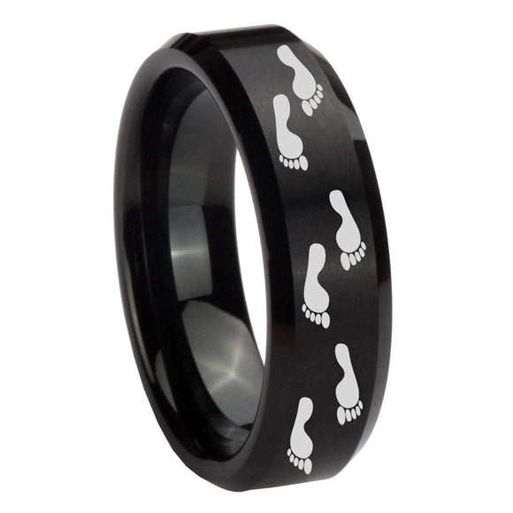 8mm Foot Print Beveled Edges Brush Black Tungsten Carbide Mens Ring Personalized