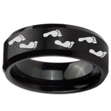 8mm Foot Print Beveled Edges Brush Black Tungsten Carbide Mens Ring Personalized