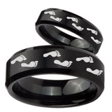 His and Hers Foot Print Beveled Edges Brush Black Tungsten Bands Ring Set