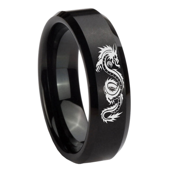 8mm Dragon Beveled Edges Brush Black Tungsten Carbide Men's Wedding Ring