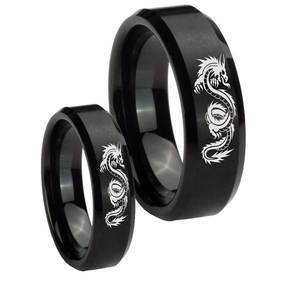 His and Hers Dragon Beveled Edges Brush Black Tungsten Engraved Ring Set