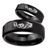 His and Hers Dragon Beveled Edges Brush Black Tungsten Engraved Ring Set