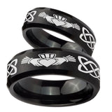 His Hers Irish Claddagh Beveled Edges Brush Black Tungsten Anniversary Ring Set