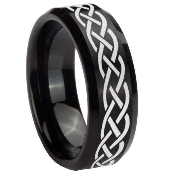 8mm Celtic Knot Beveled Edges Brush Black Tungsten Mens Engagement Ring