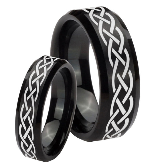 His Hers Celtic Knot Beveled Edges Brush Black Tungsten Rings Set