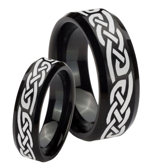 His Hers Celtic Knot Infinity Love Beveled Edges Brush Black Tungsten Rings Set