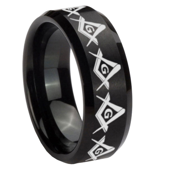 8mm Masonic Square and Compass Beveled Edges Brush Black Tungsten Mens Engagement Ring