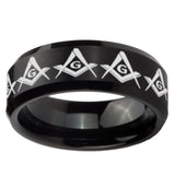 8mm Masonic Square and Compass Beveled Edges Brush Black Tungsten Mens Engagement Ring