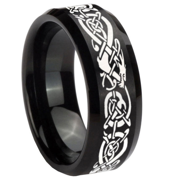 8mm Celtic Knot Dragon Beveled Edges Brush Black Tungsten Carbide Men's Ring