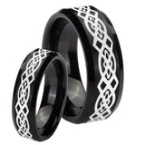 His Hers Celtic Knot Beveled Edges Brush Black Tungsten Mens Wedding Band Set