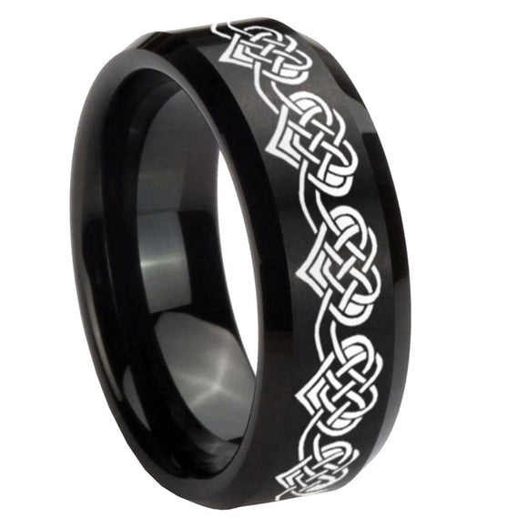 8mm Celtic Knot Heart Beveled Edges Brush Black Tungsten Mens Engagement Ring