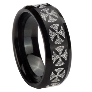 8mm Medieval Cross Beveled Edges Brush Black Tungsten Mens Engagement Ring