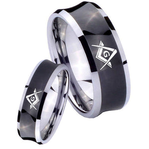 Bride and Groom Freemason Masonic Concave Black Tungsten Anniversary Ring Set