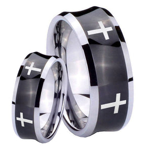 Bride and Groom Crosses Concave Black Tungsten Carbide Bands Ring Set