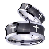 Bride and Groom Crosses Concave Black Tungsten Carbide Bands Ring Set