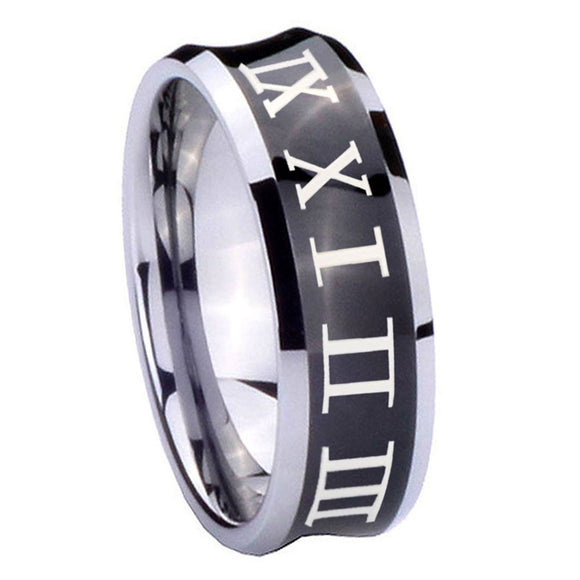8mm Roman Numeral Concave Black Tungsten Carbide Wedding Engraving Ring