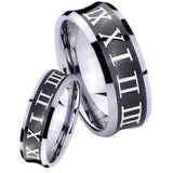 Bride and Groom Roman Numeral Concave Black Tungsten Mens Promise Ring Set