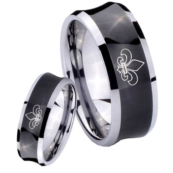 His and Hers Fleur De Lis Concave Black Tungsten Mens Ring Engraved Set