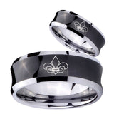 His and Hers Fleur De Lis Concave Black Tungsten Mens Ring Engraved Set