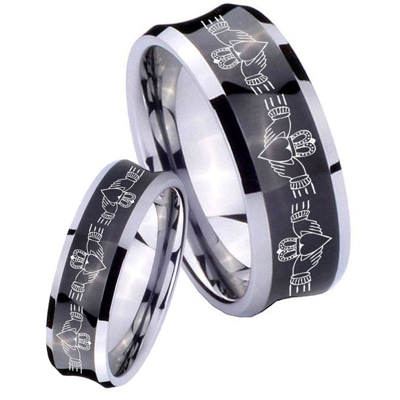 Bride and Groom Irish Claddagh Concave Black Tungsten Men's Promise Rings Set