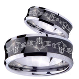 Bride and Groom Irish Claddagh Concave Black Tungsten Men's Promise Rings Set