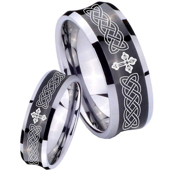 Bride and Groom Celtic Cross Concave Black Tungsten Carbide Mens Ring Set