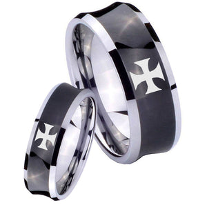 His and Hers Maltese Cross Concave Black Tungsten Mens Ring Personalized Set