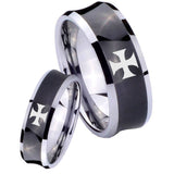 His and Hers Maltese Cross Concave Black Tungsten Mens Ring Personalized Set