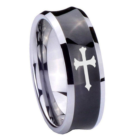 8mm Christian Cross Concave Black Tungsten Carbide Mens Anniversary Ring