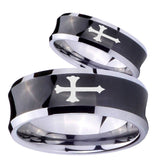 Bride and Groom Christian Cross Concave Black Tungsten Men's Wedding Band Set