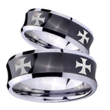 Bride and Groom 4 Maltese Cross Concave Black Tungsten Anniversary Ring Set