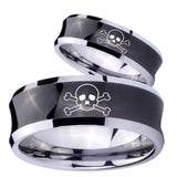 Bride and Groom Skull Concave Black Tungsten Carbide Men's Band Ring Set