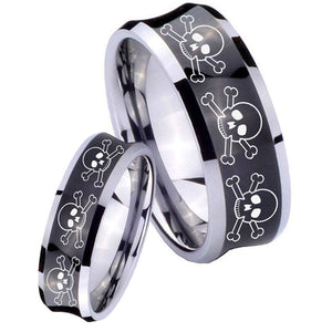 Bride and Groom Multiple Skull Concave Black Tungsten Mens Bands Ring Set