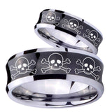 Bride and Groom Multiple Skull Concave Black Tungsten Mens Bands Ring Set