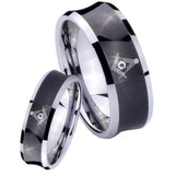 Bride and Groom Master Mason Concave Black Tungsten Mens Engagement Ring Set