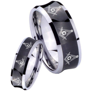 Bride and Groom Multiple Master Mason Concave Black Tungsten Promise Ring Set