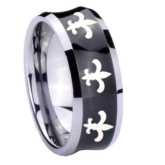 10mm Multiple Fleur De Lis Concave Black Tungsten Carbide Wedding Band Ring