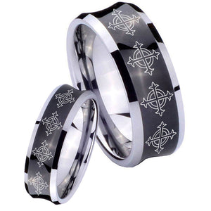 Bride and Groom Multiple Crosses Concave Black Tungsten Wedding Band Mens Set