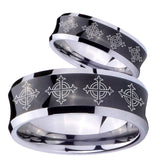 Bride and Groom Multiple Crosses Concave Black Tungsten Wedding Band Mens Set