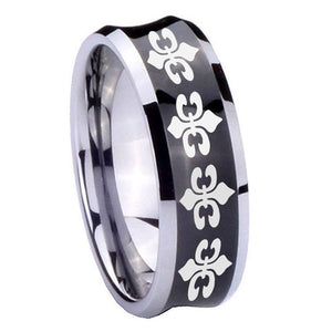 8mm Multiple Fleur De Lis Concave Black Tungsten Carbide Mens Engagement Band