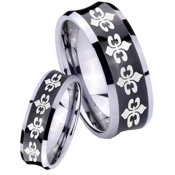 Bride and Groom Multiple Fleur De Lis Concave Black Tungsten Promise Ring Set