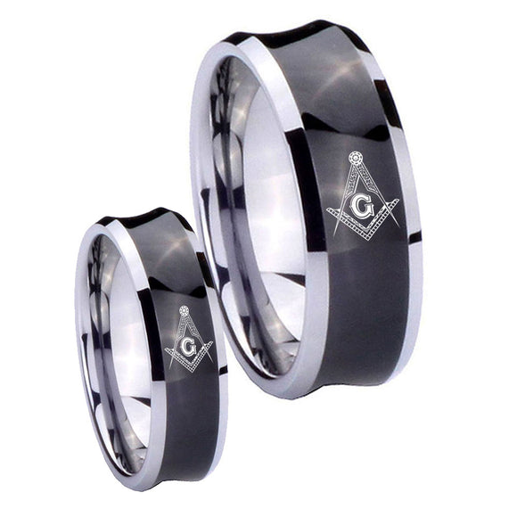 His Hers Master Mason Masonic Concave Black Tungsten Wedding Band Ring Set