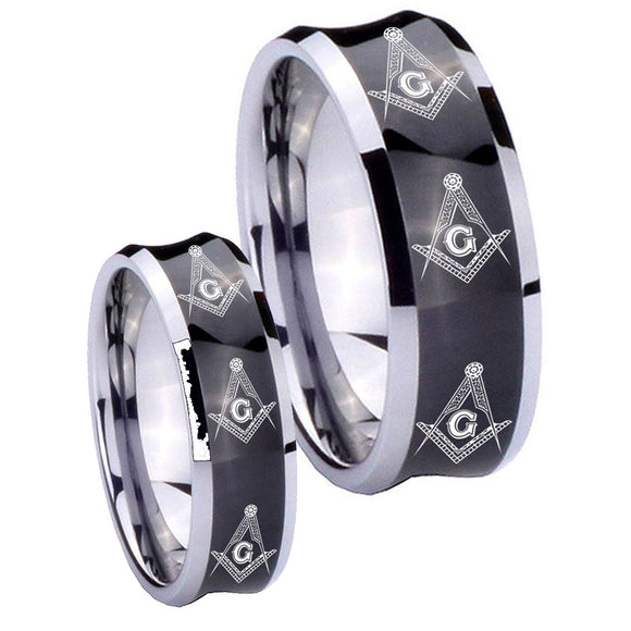 His Hers Multiple Master Mason Masonic Concave Black Tungsten Mens Ring Set