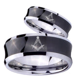 Bride and Groom Masonic Concave Black Tungsten Carbide Mens Wedding Ring Set